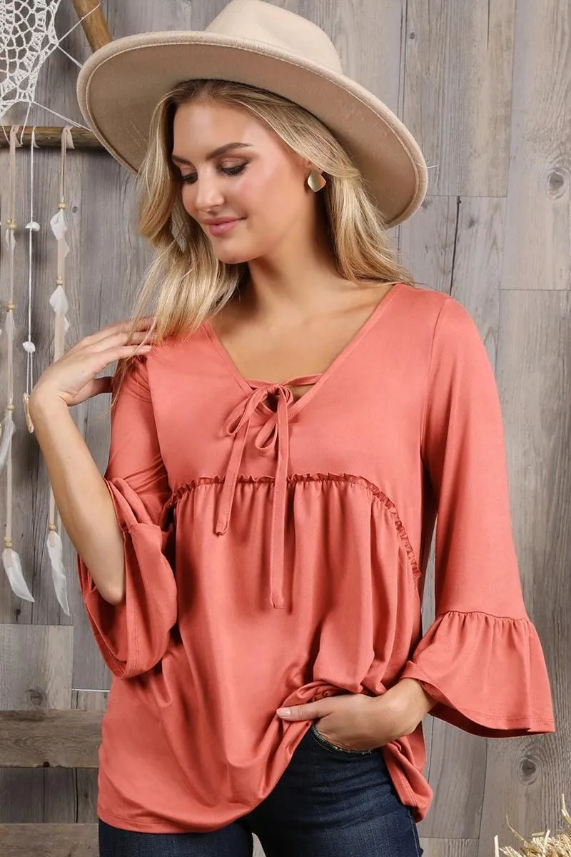 3/4 SLEEVE WITH NECK STRING DETAILED TOP