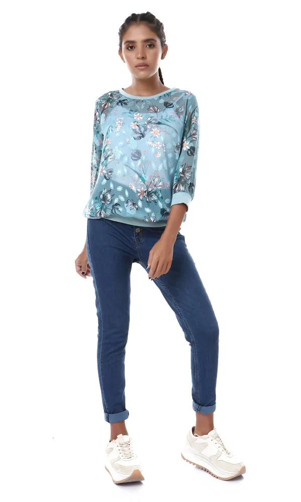 56921 See Through Floral Slip On Blouse - Teal Blue