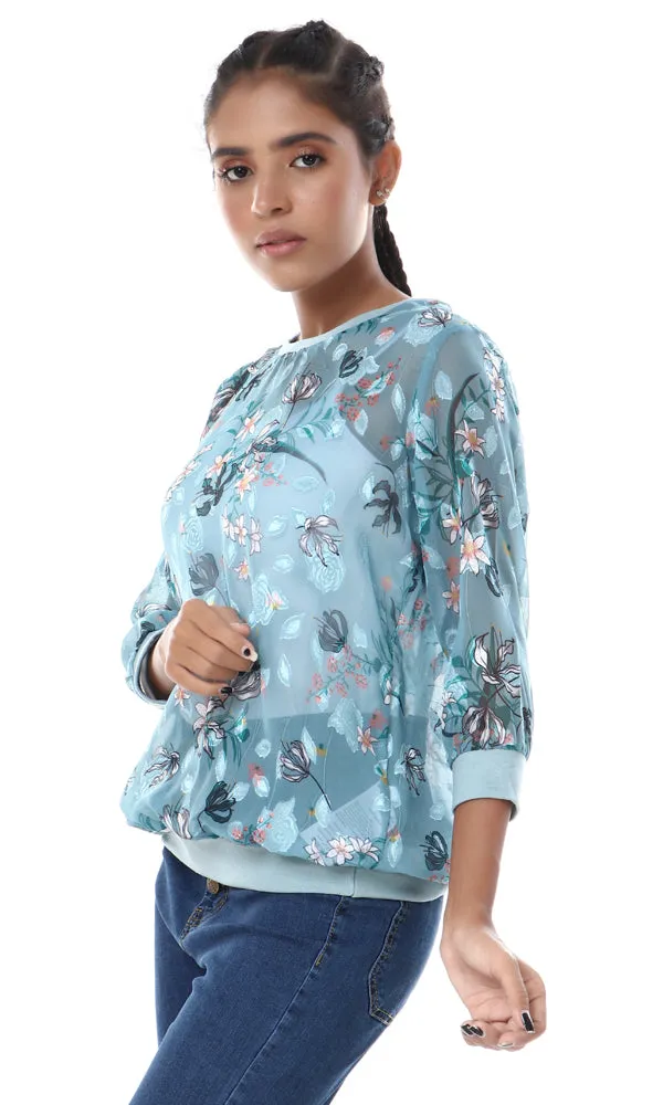 56921 See Through Floral Slip On Blouse - Teal Blue