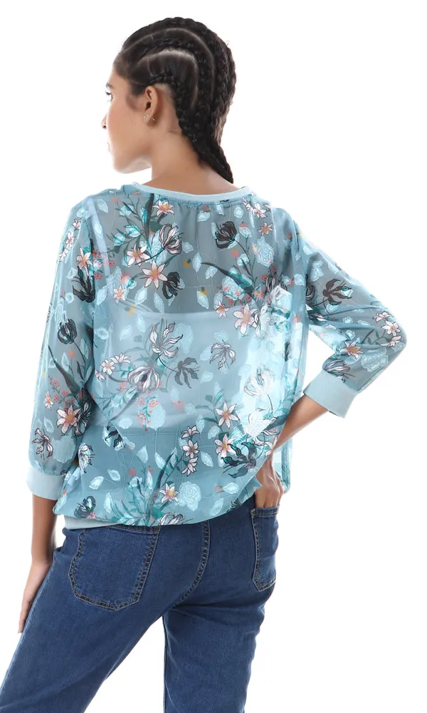 56921 See Through Floral Slip On Blouse - Teal Blue