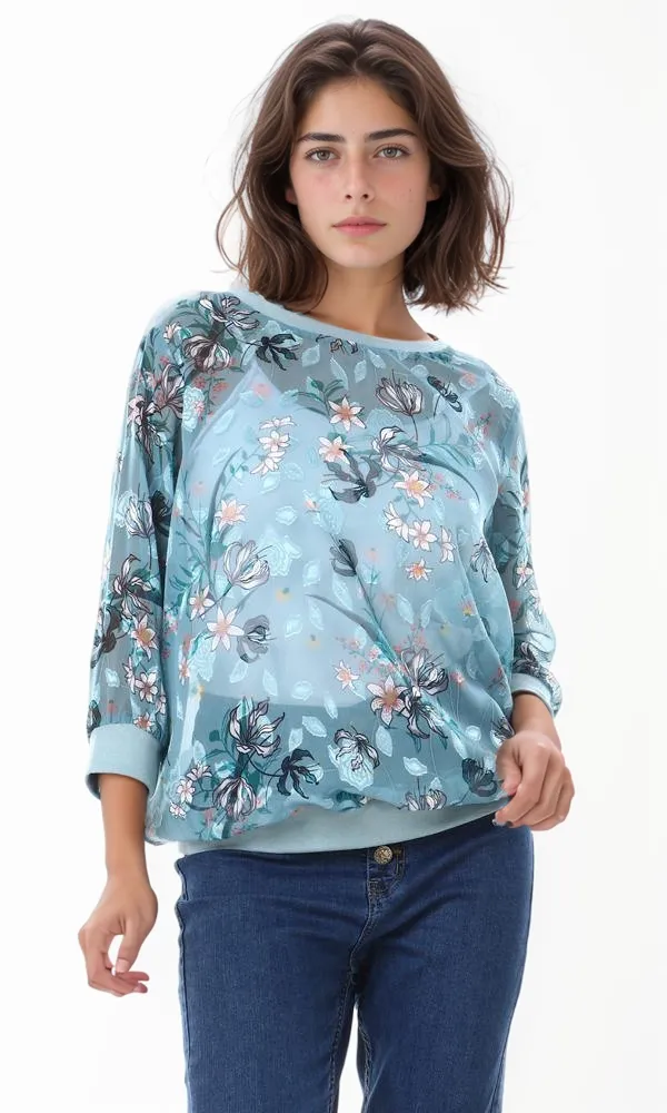 56921 See Through Floral Slip On Blouse - Teal Blue