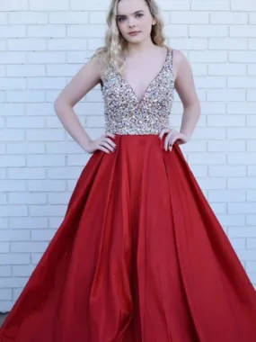 A-Line Deep V-Neck Long Cheap Red Satin Backless Prom Dresses with Beading, TYP1351