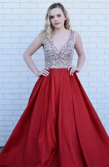 A-Line Deep V-Neck Long Cheap Red Satin Backless Prom Dresses with Beading, TYP1351