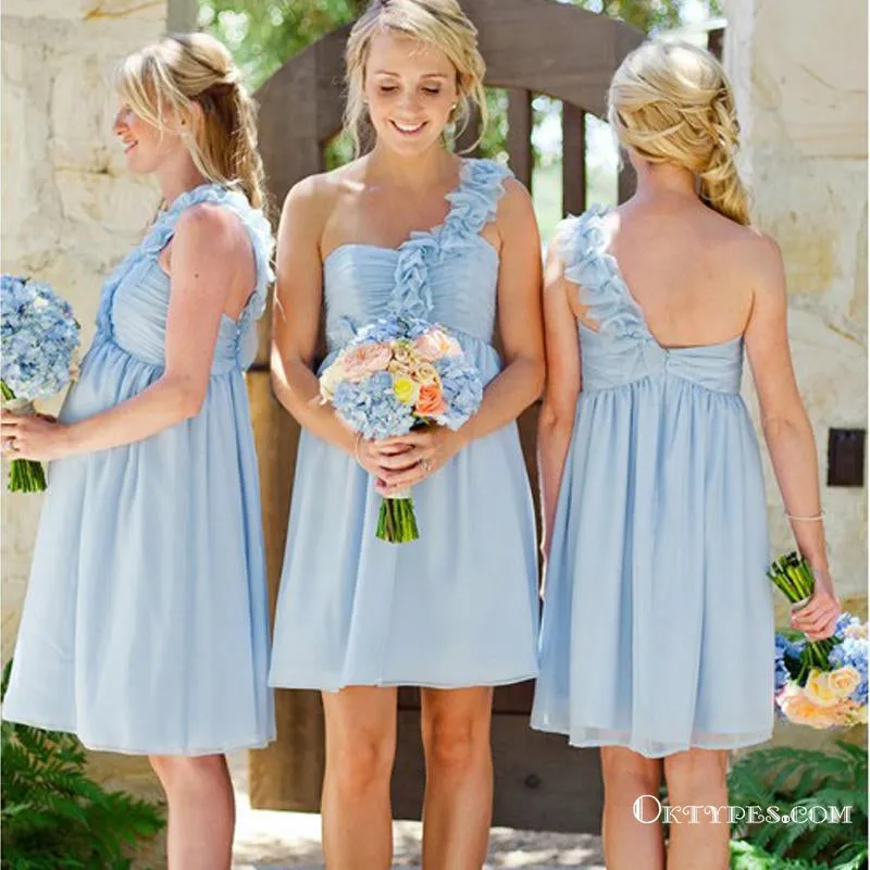 A-Line One Shoulder Light Blue Chiffon Bridesmaid Dresses with Ruffles, TYP1780