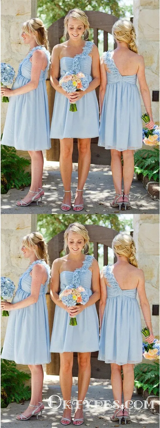 A-Line One Shoulder Light Blue Chiffon Bridesmaid Dresses with Ruffles, TYP1780