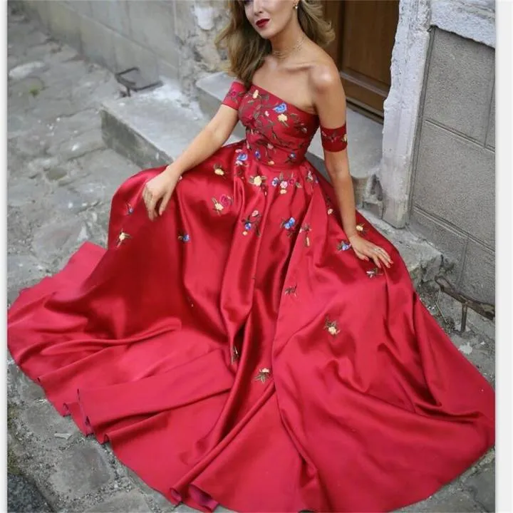 A-line Red Off Shoulder Beautiful Flower Appliques Prom Dresses, Fashion Dress For Woman, TYP1165