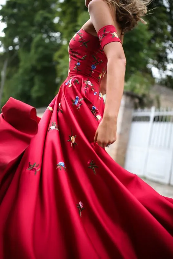 A-line Red Off Shoulder Beautiful Flower Appliques Prom Dresses, Fashion Dress For Woman, TYP1165