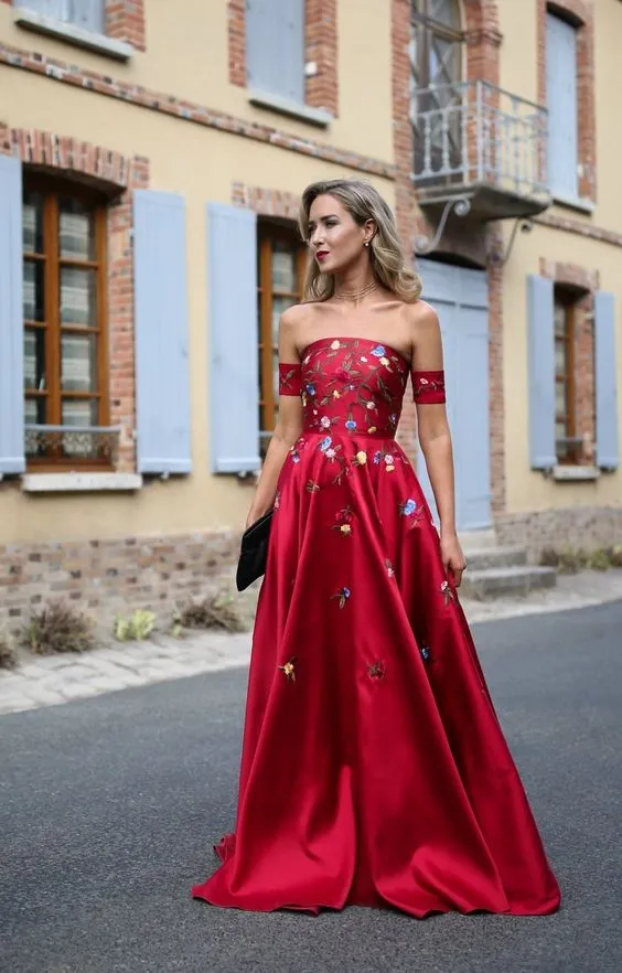 A-line Red Off Shoulder Beautiful Flower Appliques Prom Dresses, Fashion Dress For Woman, TYP1165