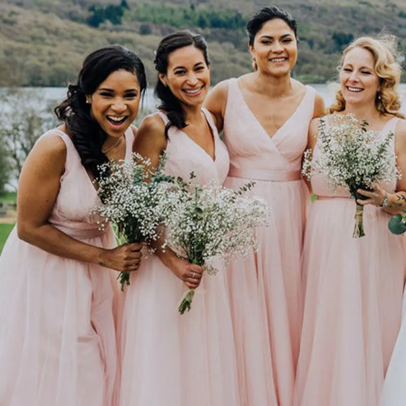 A-Line V-Neck Long Pink Tulle Bridesmaid Dresses with Sash, TYP1532