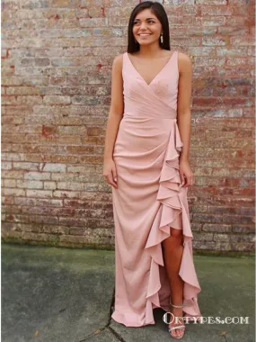 A-Line V-Neck Pink Sleeveless Floor Length Prom Dresses with Split, TYP1886