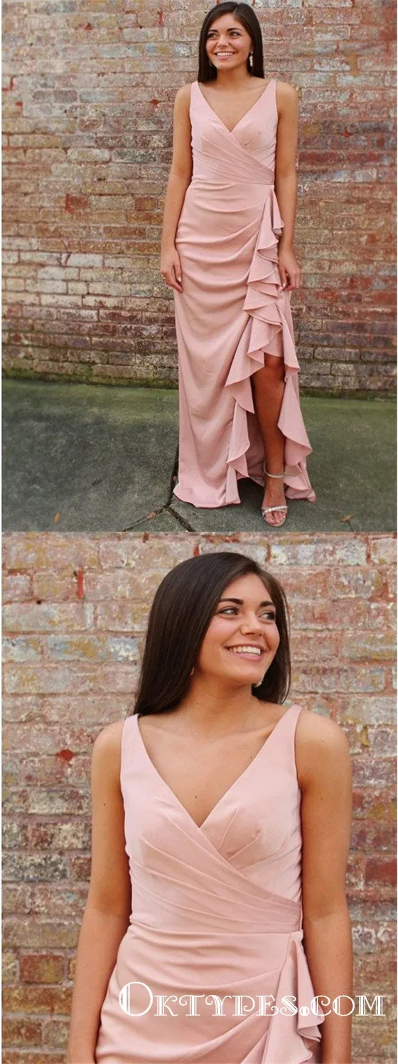 A-Line V-Neck Pink Sleeveless Floor Length Prom Dresses with Split, TYP1886