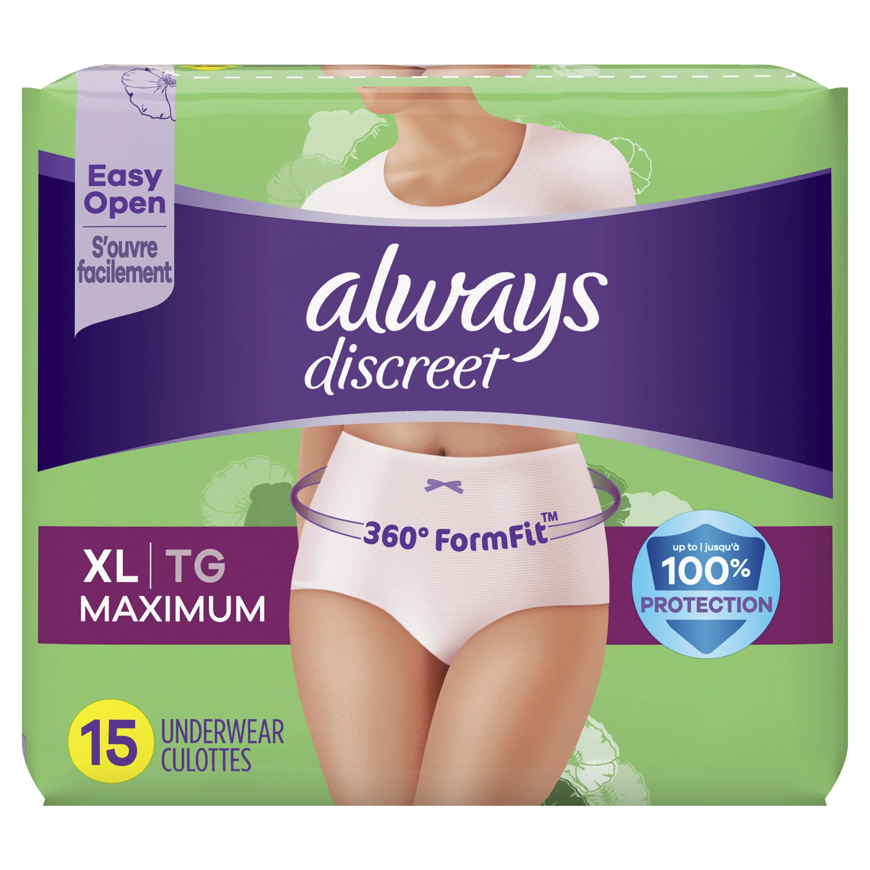 Always Discreet Adult Incontinence Underwear for Women Maximum Absorbency, XL, 15 Ct