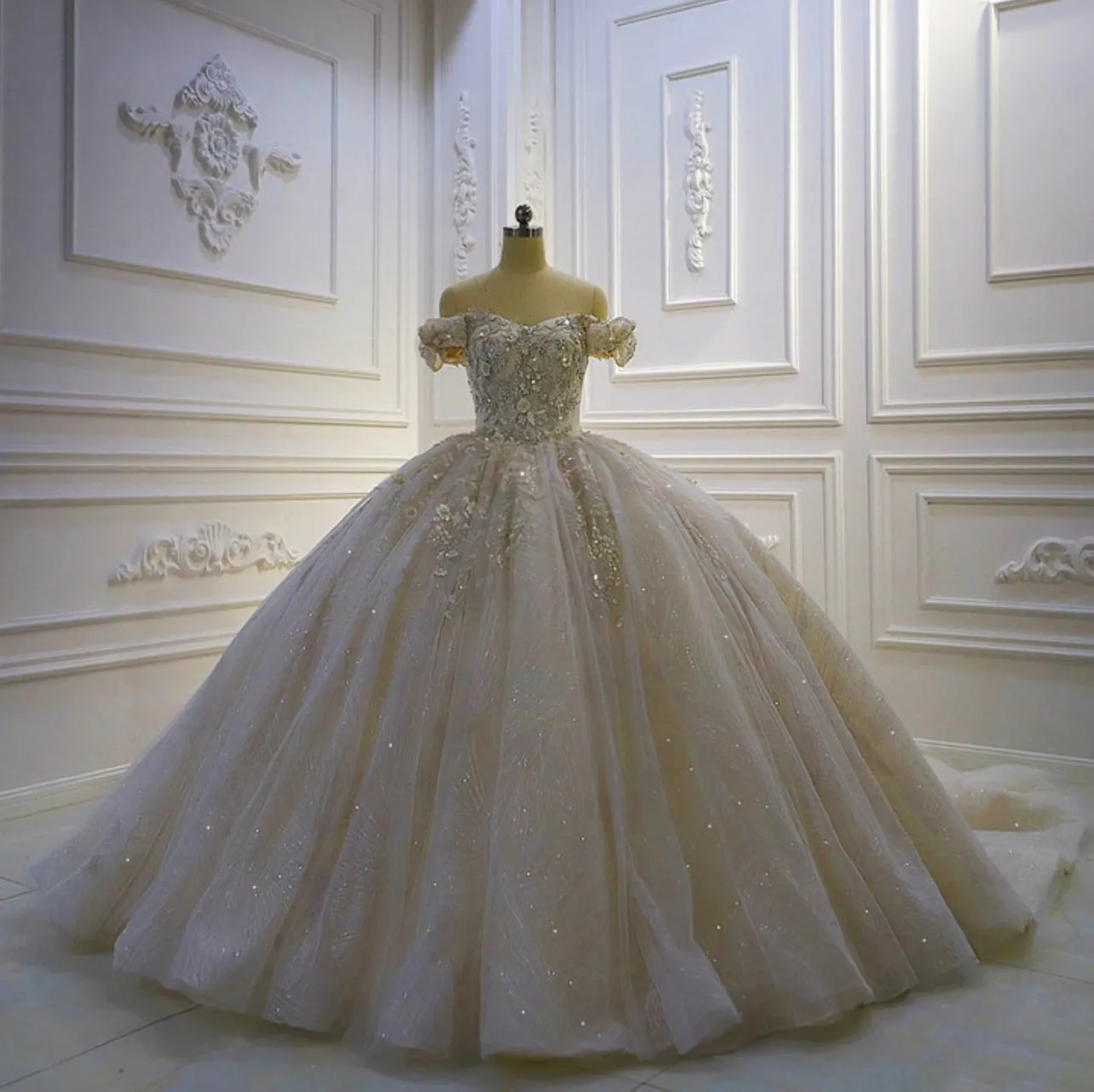 AM405 Off Shoulder 3D Flowers Ball Gown Wedding Dress