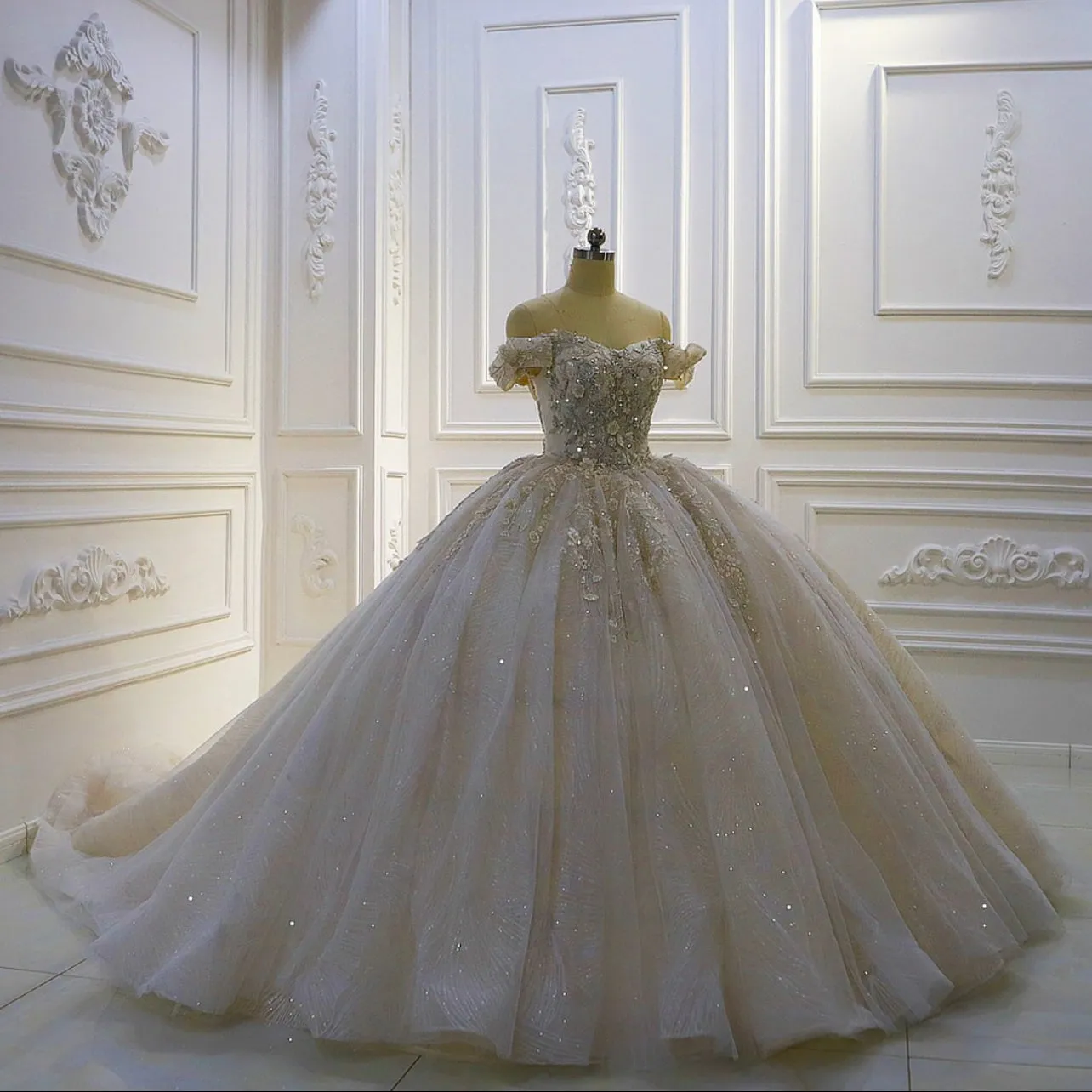 AM405 Off Shoulder 3D Flowers Ball Gown Wedding Dress