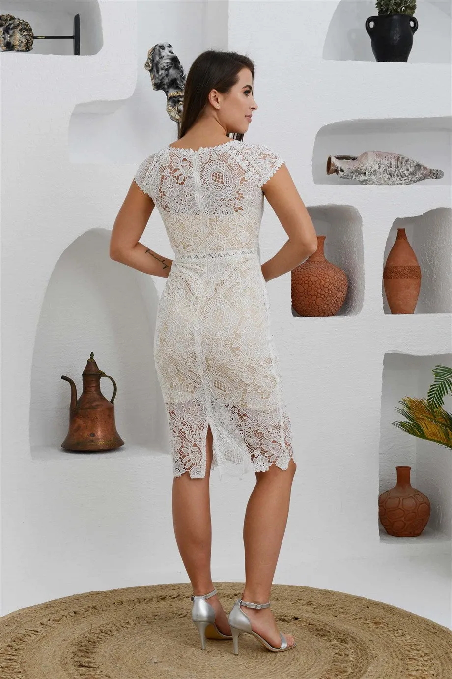 Angelino beige lace short sleeve wedding dress