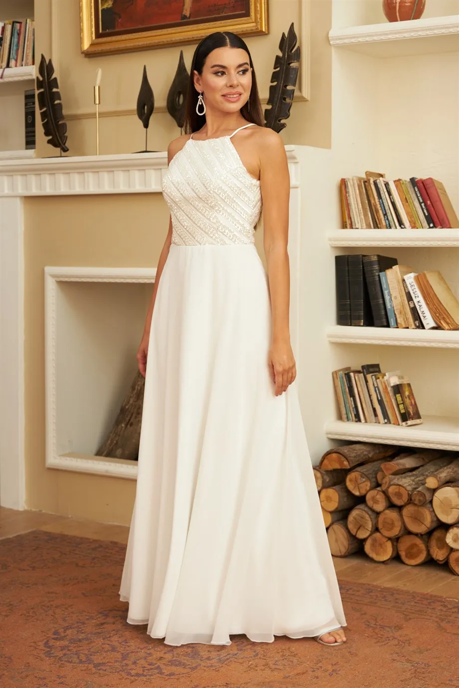 Angelino ecru chiffon stamp sequined long wedding dress