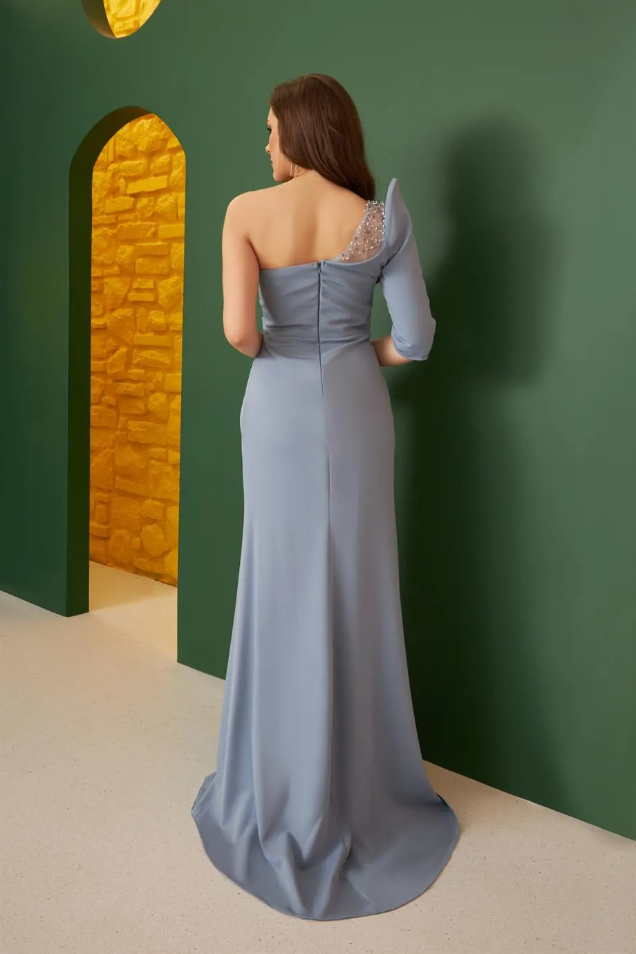 Angelino Indigo Crepe One Shoulder Long Evening Dress and Invitation Dress