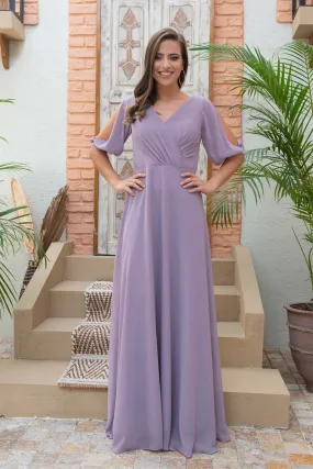 Angelino lavender chiffon watermelon arm V -neck long evening dress dress