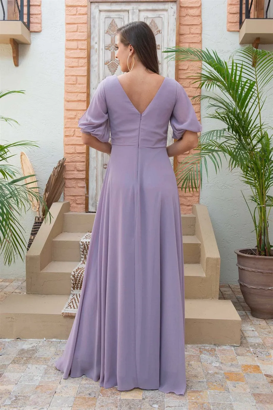 Angelino lavender chiffon watermelon arm V -neck long evening dress dress