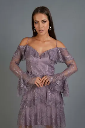 Angelino Lavender Lace Long Sleeve Short Evening Dress