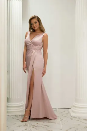 Angelino Powder Satin V -Neck Slip Long Evening Dress