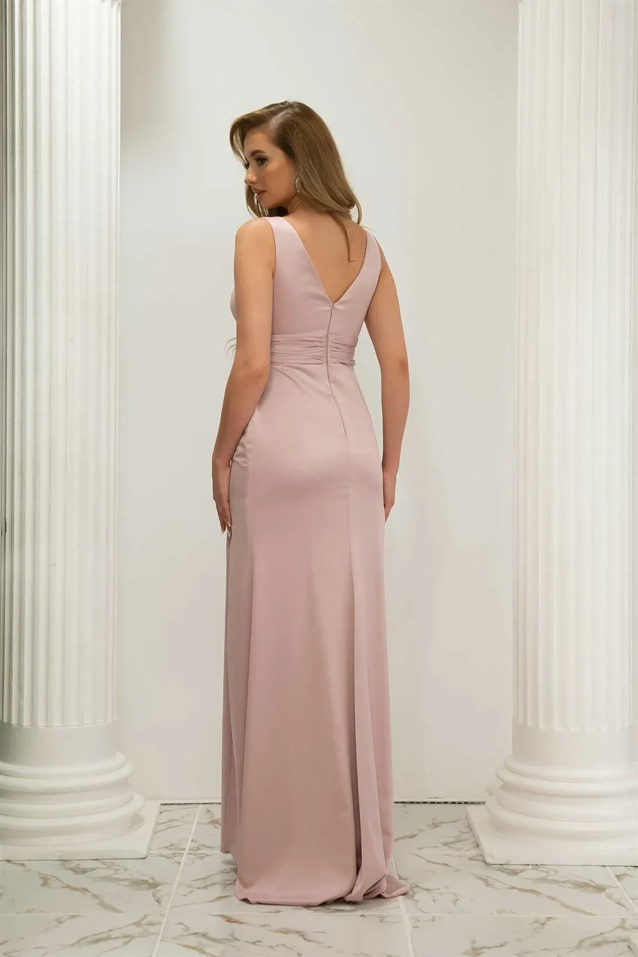 Angelino Powder Satin V -Neck Slip Long Evening Dress