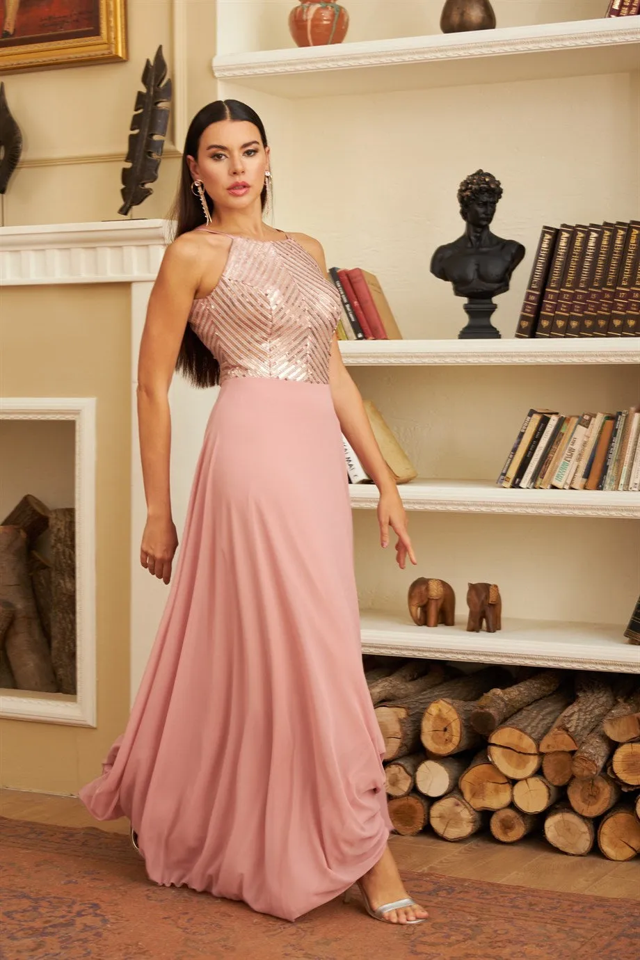 Angelino Powder Stamp Sequined Chiffon Long Evening Dress