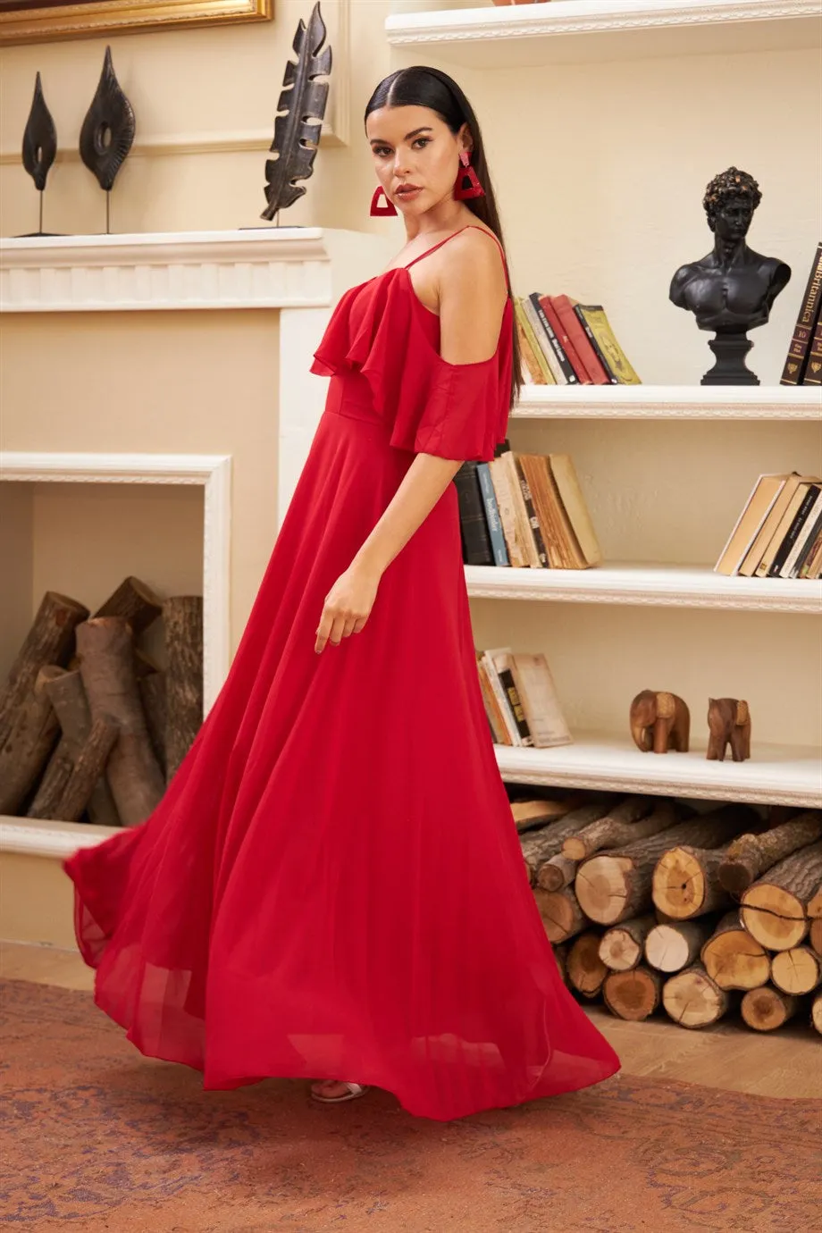 Angelino Red Low Low Sleeve Strap Long Evening Dress