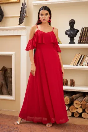 Angelino Red Low Low Sleeve Strap Long Evening Dress