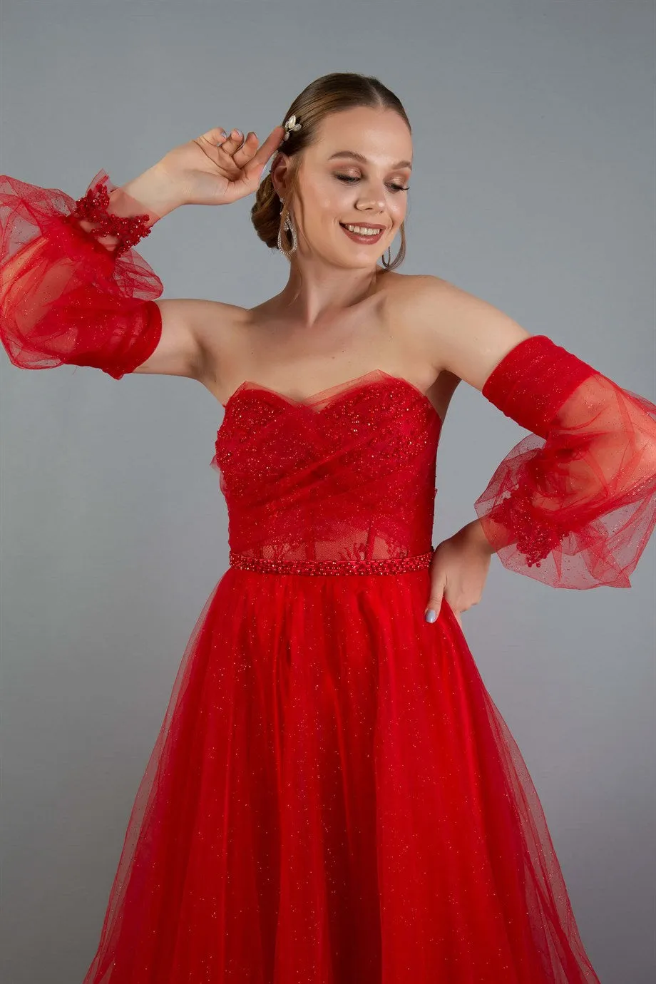 Angelino Red Tulle Low Sleeve Engagement Evening Dress