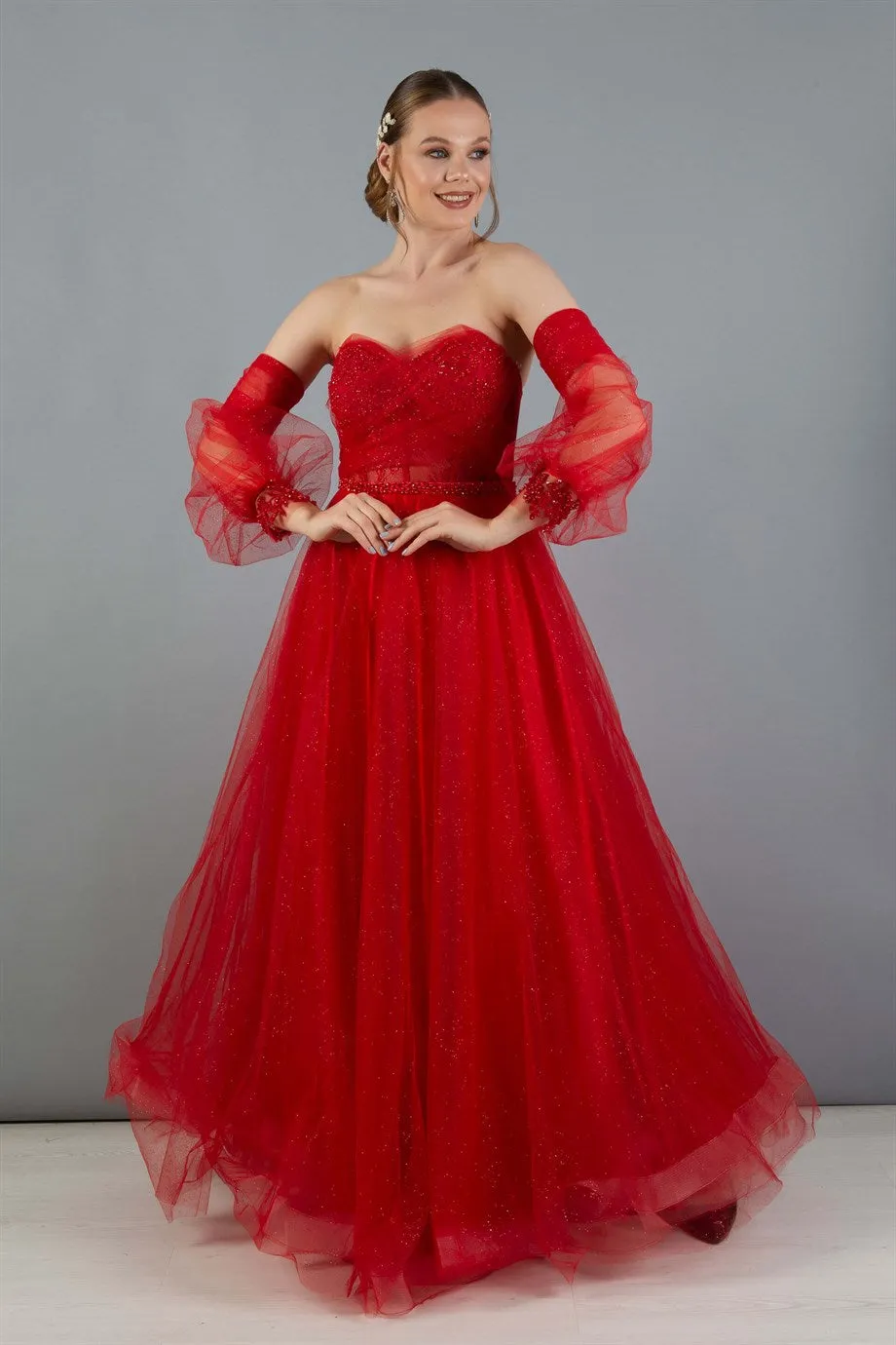 Angelino Red Tulle Low Sleeve Engagement Evening Dress