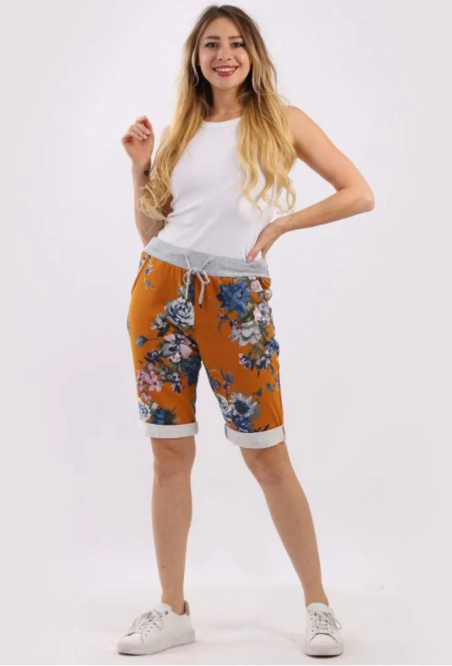 Anne   Kate Italian Blossom Print Mustard Shorts 10-14