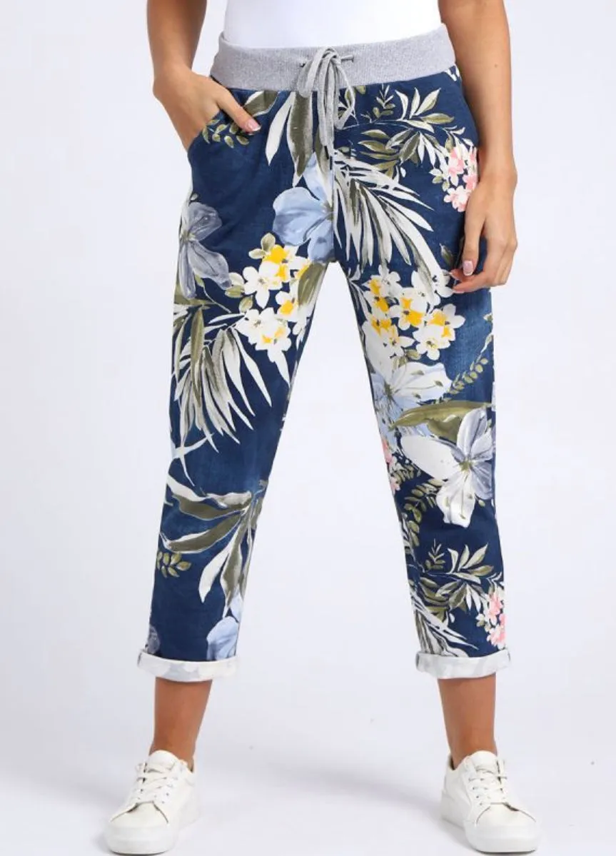 Anne   Kate Italian Tropical Floral Dark Denim Print Trousers 16-20