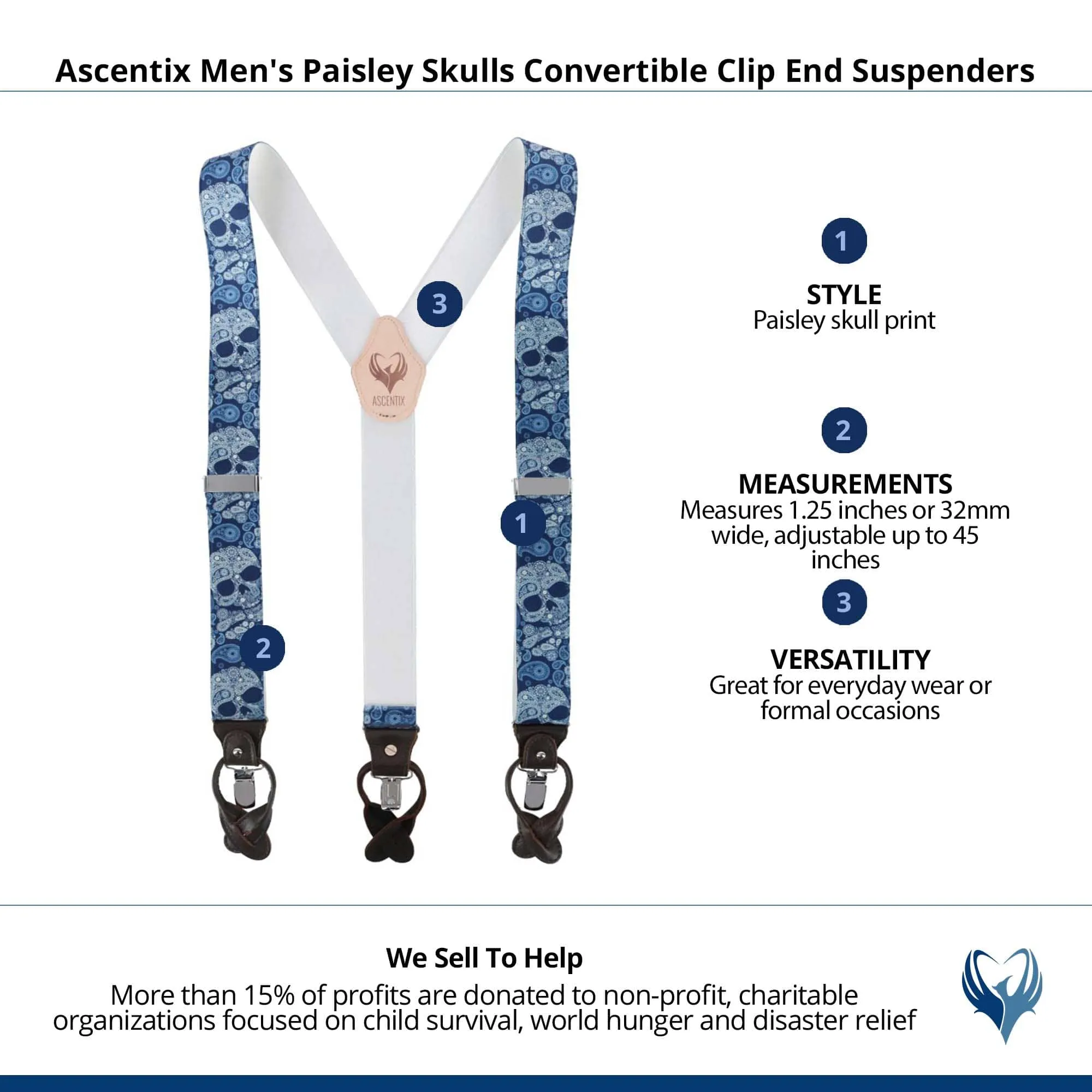 Ascentix Men's Paisley Skulls Convertible Clip End Suspenders