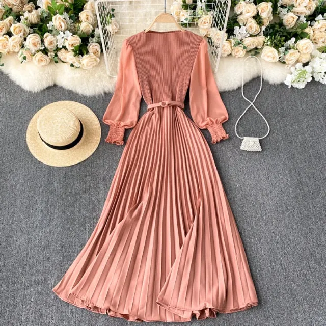 Autumn Fashion Streetwear Long Dress Design French Pleated Maxi Dress Women Elegant O Neck Long Sleeve A-line Dress