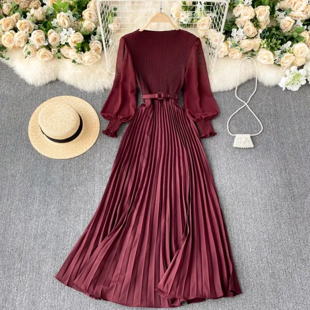 Autumn Fashion Streetwear Long Dress Design French Pleated Maxi Dress Women Elegant O Neck Long Sleeve A-line Dress