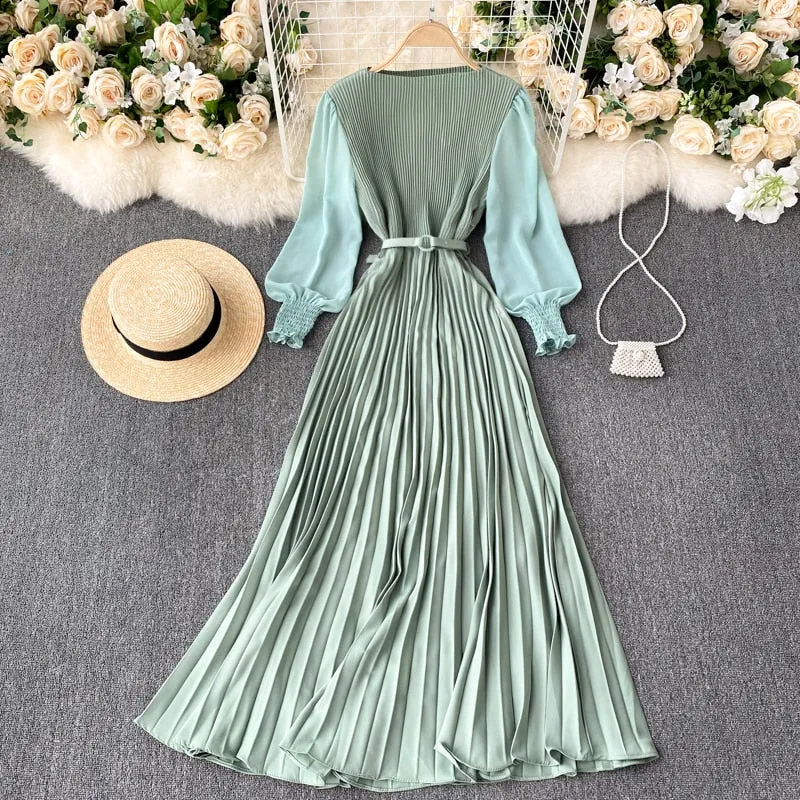 Autumn Fashion Streetwear Long Dress Design French Pleated Maxi Dress Women Elegant O Neck Long Sleeve A-line Dress