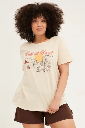 Beige Graphic T Shirt Short Sleeve Crew Neck