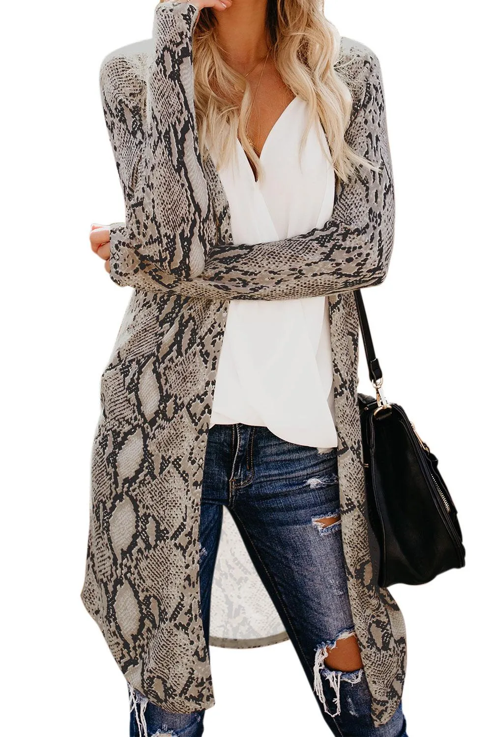 Beige Snake Print Long Sleeves Cardigan