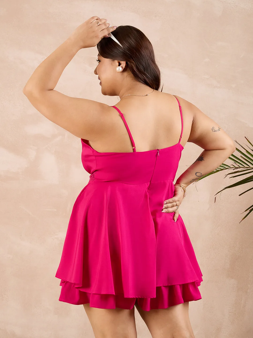 Berrylush Curve Women Pink Solid Shoulder Strap Layered Mini Playsuit