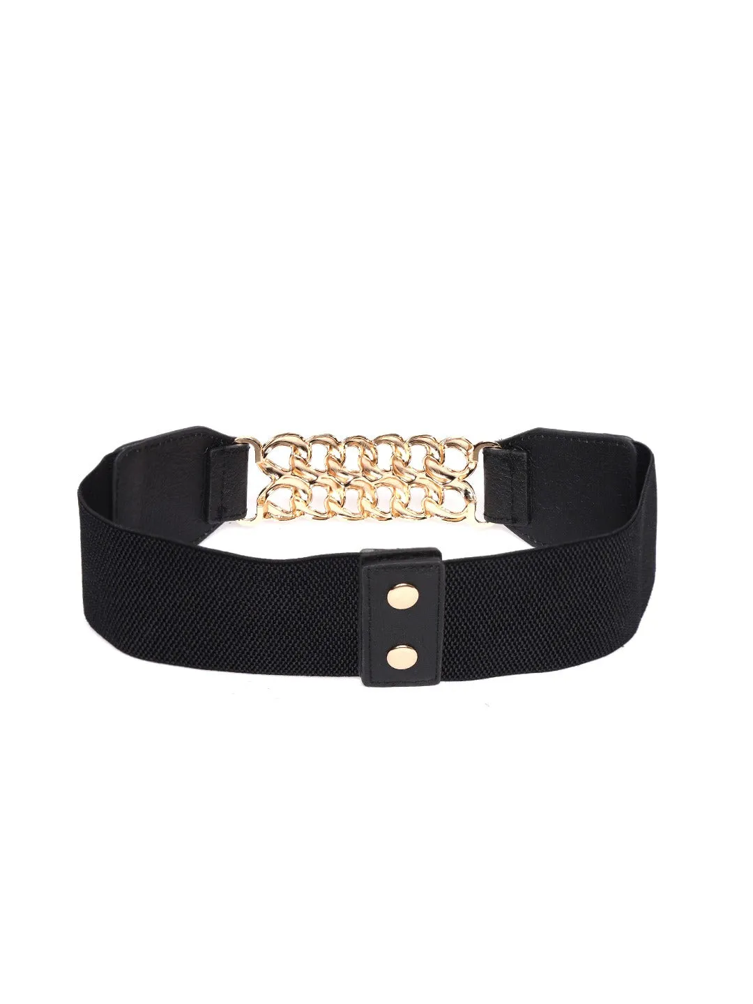 Berrylush Women Black Elastic Strap Two Chain Buckle Belt