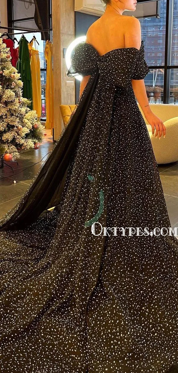 Black A-line Side Slit Tulle Long Prom Dresses With Train, PDS0248