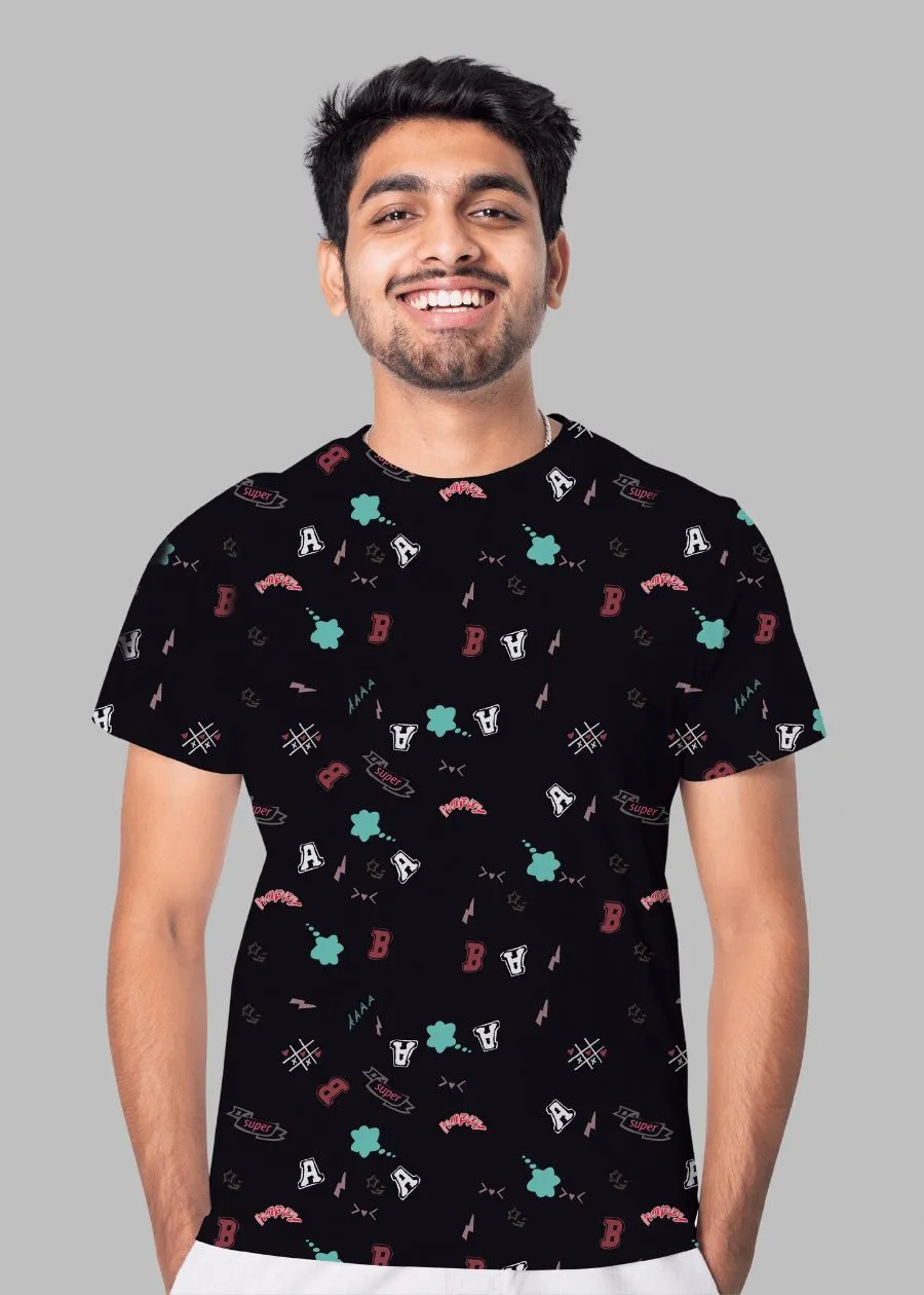 Black All Over Print Men Half Sleeve T-Shirt