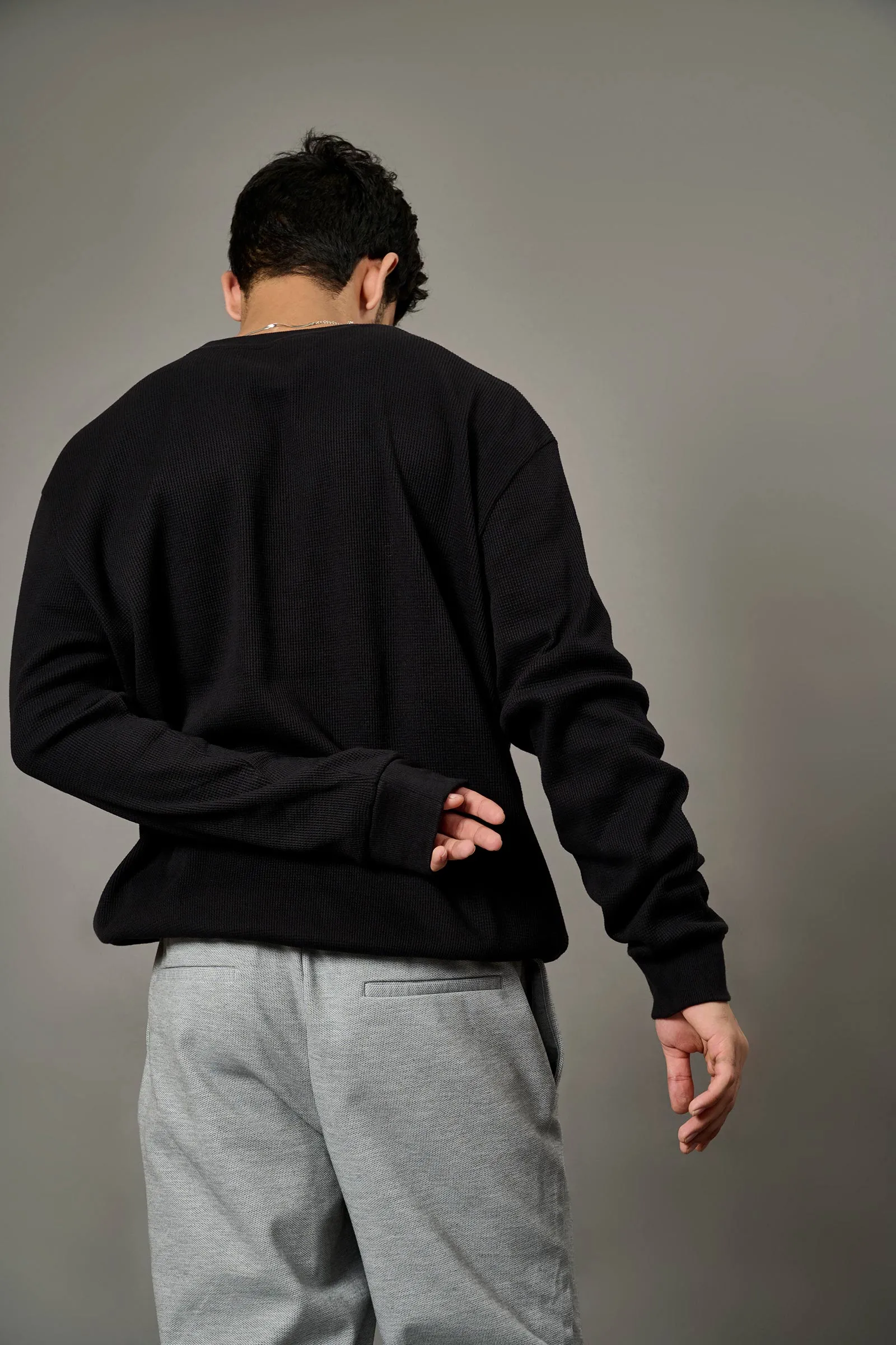 Black Heavyweight Crew Neck Waffle