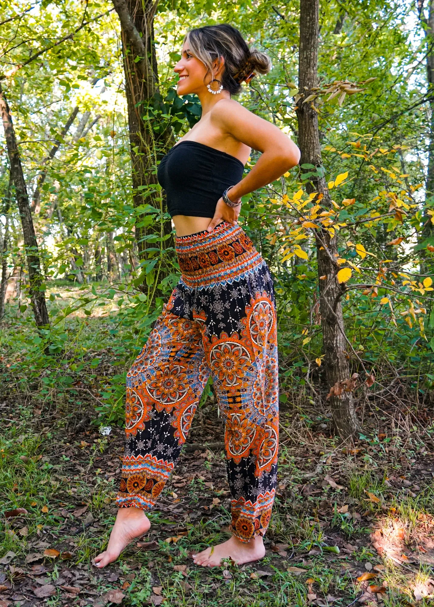 Black Orange Lotus Chakra Floral Harem Pants