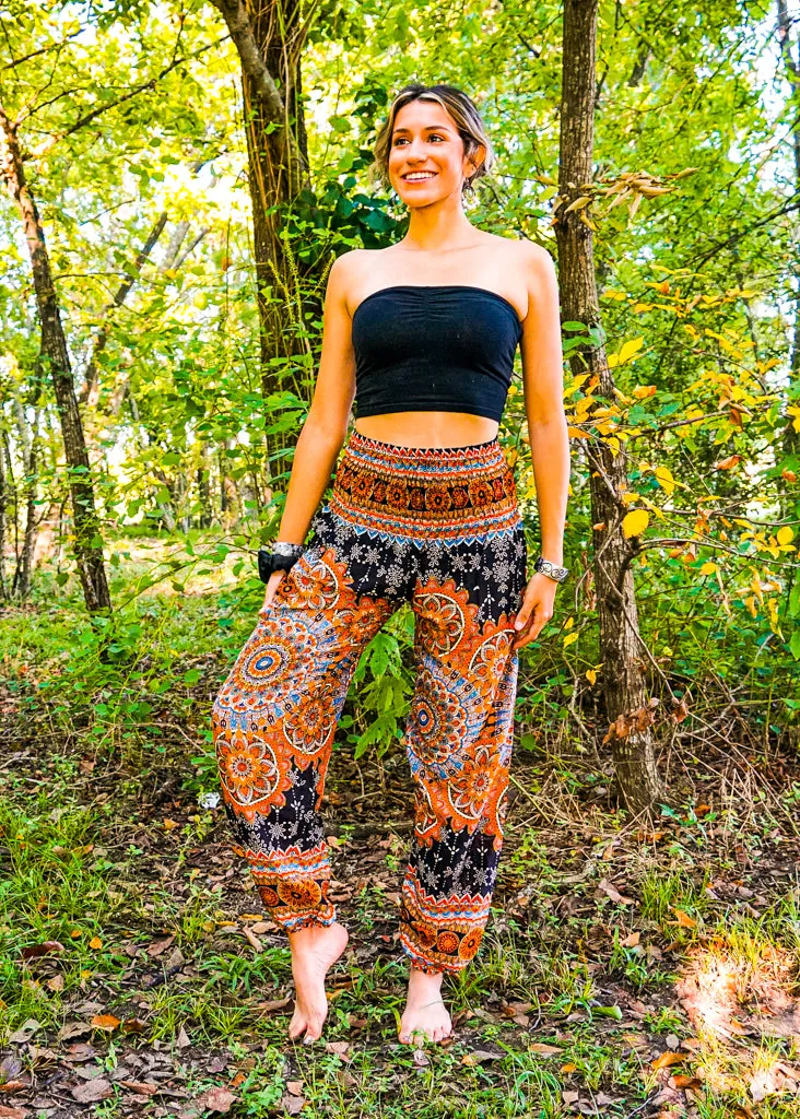 Black Orange Lotus Chakra Floral Harem Pants