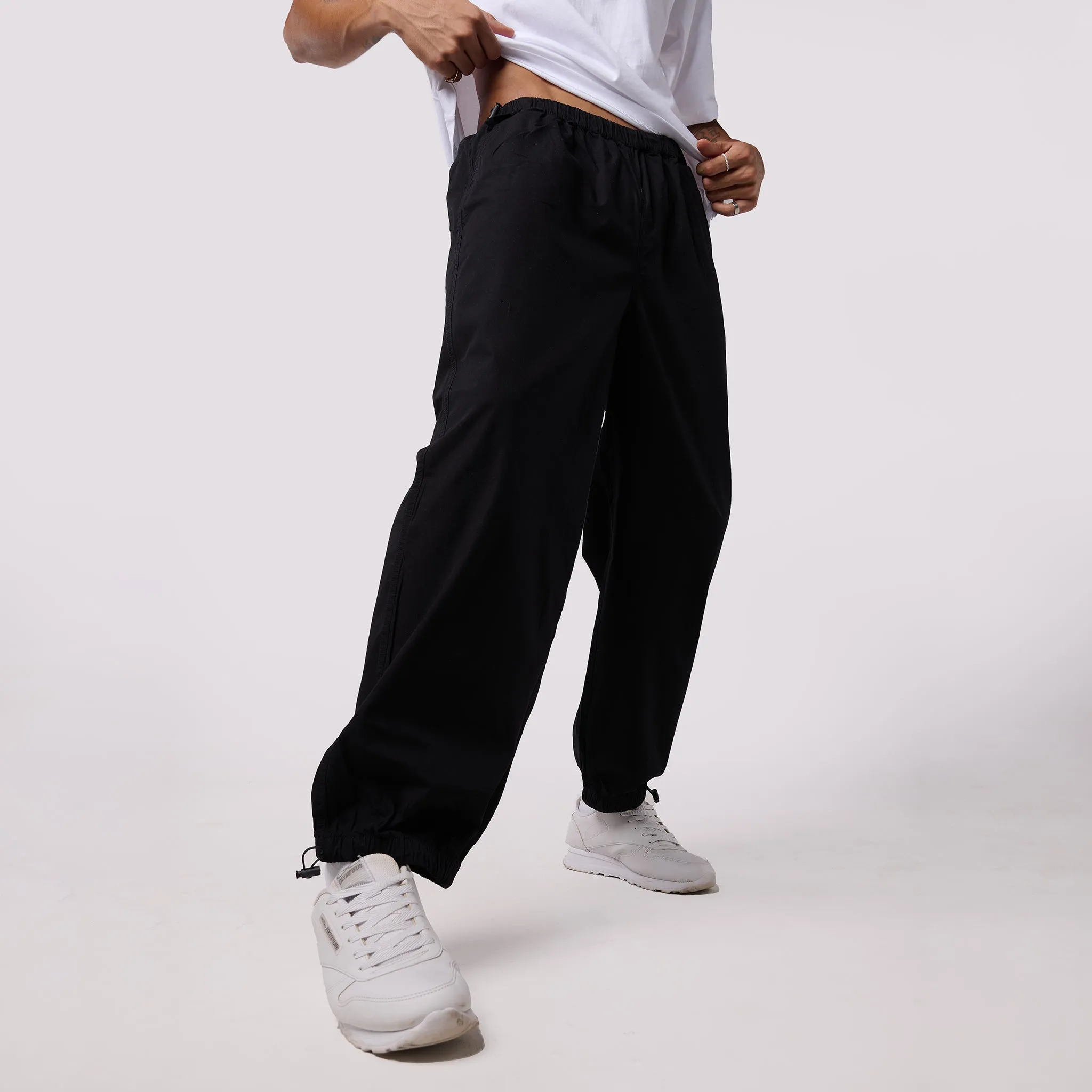 Black Parachute Pants & White Rugby Shirt Set for Men