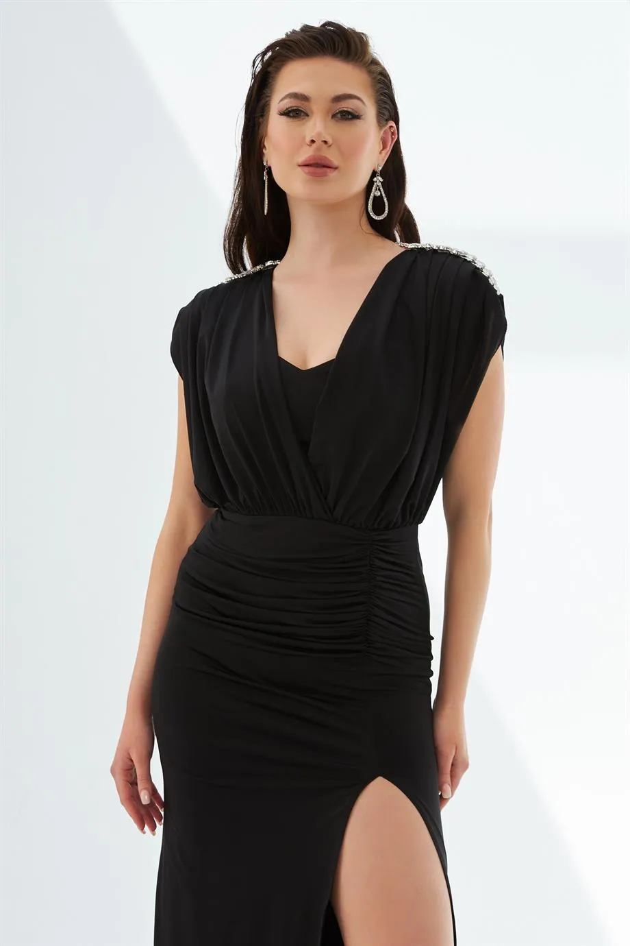 Black Sandy Slit Long Sleeve Evening Dress