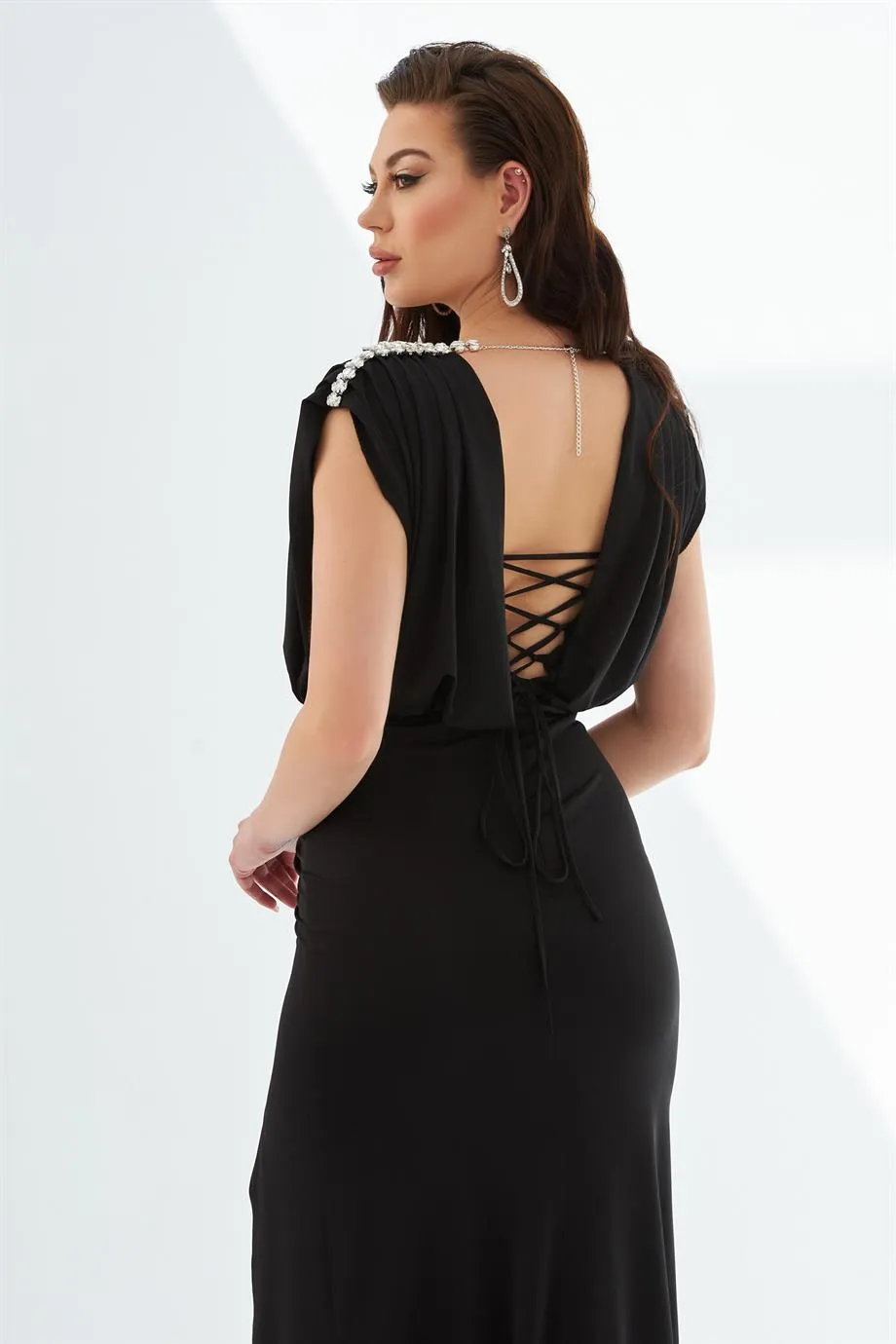 Black Sandy Slit Long Sleeve Evening Dress