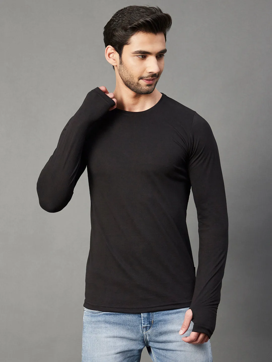 Black Thumbhole Round Neck Full Sleeve T-Shirt